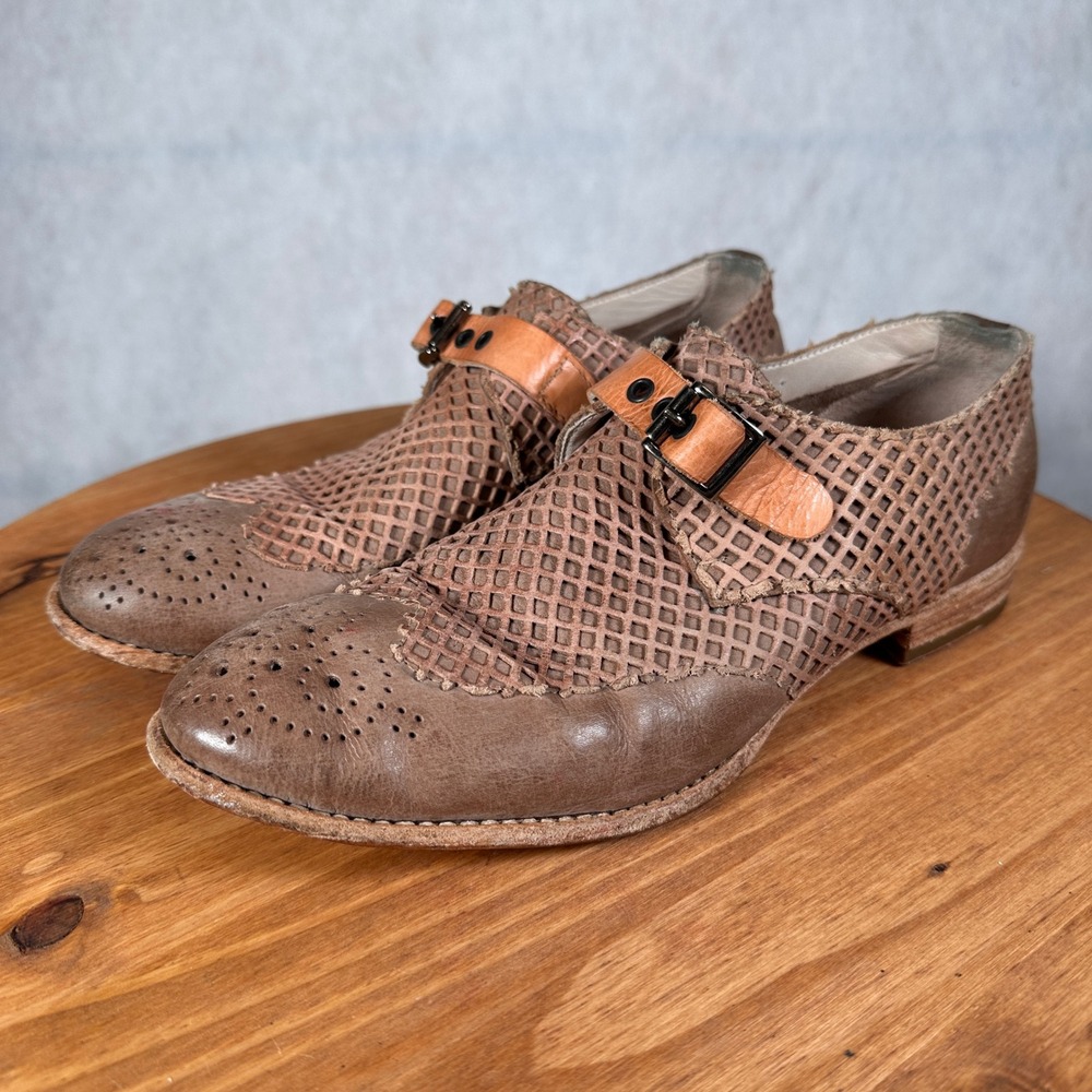 La Bottega di Lisa Oxfords Women 39 Brown Leather Laser Cut Monk Strap Italy